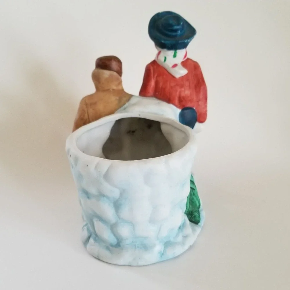 Vintage Ceramic Christmas Planter Boys Carrying Tree Winter Figurine Decor